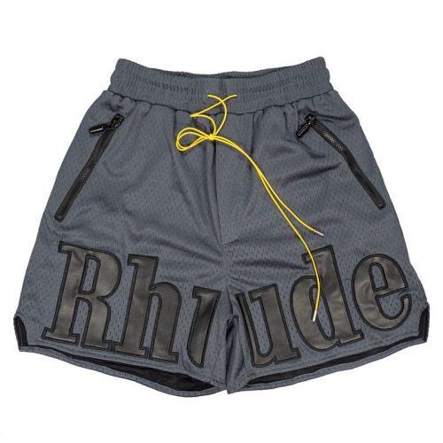 RHUDE Mesh & Faux Leather Panel Embroidered Letter Shorts